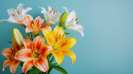 Fototapeta premium Vibrant Yellow and Orange Lilies in Full Bloom Against a Soft Blue Background