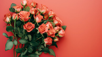 Elegance in Bloom: Peach Roses Against Coral Background