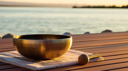 Singing bowl placed on wooden pier