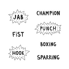 Boxing words and phrases lettering set. Handwritten sport text collection. Black colored terms for boxers in modern comic style. Vector illustration - obrazy, fototapety, plakaty
