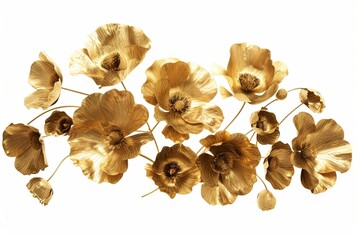 Elegant Golden Flowers Arrangement Isolated on White Background - obrazy, fototapety, plakaty