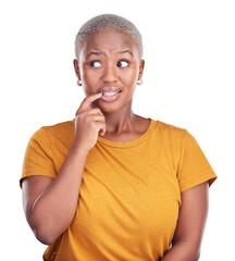Anxiety, biting nails and black woman with stress for thinking, confused or idea facial expression. Fear, scared and African female person with nervous face isolated by transparent png background. - obrazy, fototapety, plakaty