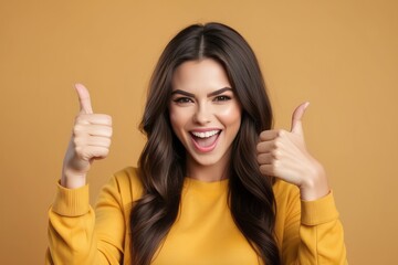 Smiling businesswoman winking and showing thumbs up at camera