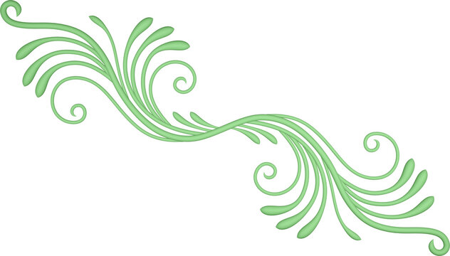 3D rendering of a curved branch with leaves of different sizes on a transparent background
