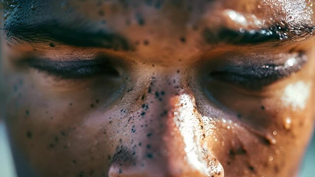 Closeup portrait of a student athlete their face marked with fatigue and their eyes reflecting the pressure to excel in both sports and academics, Close-Up Portrait of a male With Mud on His Face