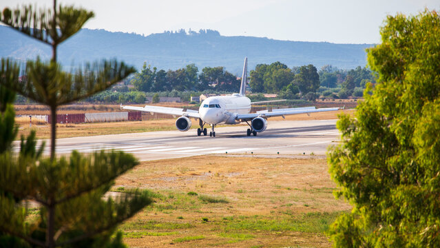 Zakynthos, Greece,  June 18st, 2022. Airbus of Lufthansa Airlines is taxiing at Zante Airport tarmac.