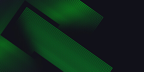 Abstract green glowing geometric lines on dark background. Modern shiny green rounded square lines pattern. Futuristic technology concept
