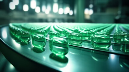 Close-up of green capsules during the manufacturing and packaging process in a modern pharmaceutical factory. Drug production, Healthcare and medicine concepts. - obrazy, fototapety, plakaty