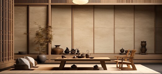 Stylish living room design blending Japanese aesthetics with modern furniture and Zen-inspired decor elements.