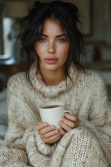 Beautiful Woman with Wispy Black Hair Enjoys Hot Tea in Beige Knit Sweater, Relaxing on Long Lounge in Castle Lounge Room