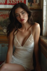 Fototapeta premium Femme Fatale Captivates from Corner of Vintage Speakeasy, in White Dress and Red Lipstick