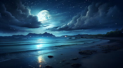 A full moon shines brightly over the ocean at night.