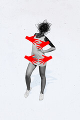 Vertical collage picture of red arms harass touch body headless black white colors girl isolated on...