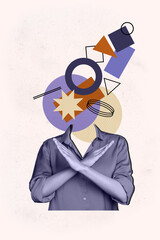 Vertical collage picture standing person showing stop gesture crossed hands protest against...