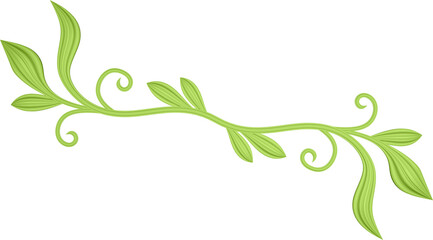 3D rendering of a curved branch with leaves of different sizes on a transparent background