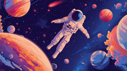 Naklejka premium Astronaut fantasy floating amidst a surreal cosmic landscape, surrounded by planets, asteroids, and celestial phenomena.