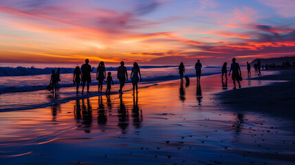 Fototapeta premium Silhouettes of People Walking Along the Beach at Sunset, Golden Hour Casting Warm Hues Over the Scene, Ocean Waves Gently Crashing on Shore
