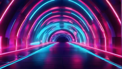 A mesmerizing neon-lit tunnel with concentric circles of vibrant pink, blue, and purple lights, creating a futuristic and enigmatic atmosphere