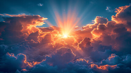 Stunning sunset with layered clouds as the orange sun casts a warm glow, creating a striking...