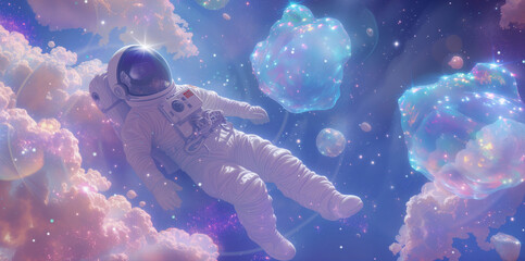 Astronaut floating weightlessly in space, surrounded by shimmering stardust and cosmic clouds. In the foreground, the astronaut is depicted in a spacesuit, Celestial Dreamer - obrazy, fototapety, plakaty