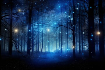 Mystical Forest at Dusk with Abstract Dark Blue Trees and Dots of Light Resembling Fireflies, Generative AI