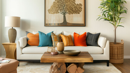 Modern Sofa Decorated with Vibrant Pillows in Cozy Living Room, Unique Wood Coffee Table, Side Table with Ornamental Vase, Large Framed Art on Wall, Graphic Tree Piece, Tranquil Atmosphere, Light Colo
