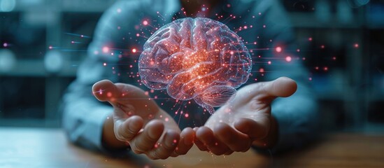 man hand working with creative human brain microcircuit hologram
