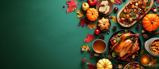 Fototapeta premium Create a memorable Thanksgiving table with autumn-themed decorations on a green background and a promo area.