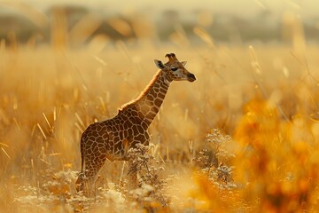 baby giraffe, Professional photo, wildlife tele shot style, blur background