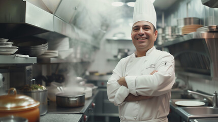 Smiling Chef in Professional Kitchen with Arms Crossed Wearing White Chef Jacket and Hat, Amidst Pots, Pans, Containers, Steam from Cooking, Indicating a Busy and Well-Equipped Cooking Environment