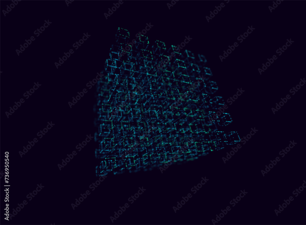 Poster 3D Hi-Tech Cube. Big Data Cube Quantum Computer Server Concept Background. Light Dots with Depth of Field Effect. Data Sorting. Business Server Security Artificial Intelligence HUD Design Element.