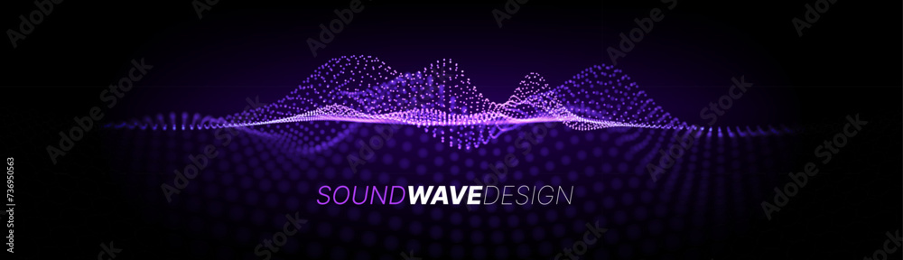 Poster Music Abstract Background. Particles Equalizer Sound Wave Big Data Design. Dynamic Light Flow, with Blurred Depth of Field Effect. Vector Illustration.