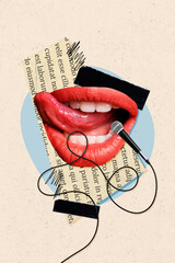 Psychedelic photo artwork collage of human mouth licks teeth singing songs into karaoke microphone...