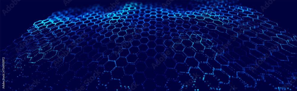 Fototapete Technology or Science Abstract Blue Hexagonal Grid Background. Molecular Network of Hexagons Connected. Chemical Network. Carbon Nanomaterials Nanotechnology Concept. Vector Illustration.