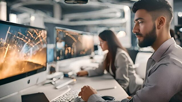 Focused man and woman as they explore the depths of the digital realm, united by their shared passion for technology and collaboration