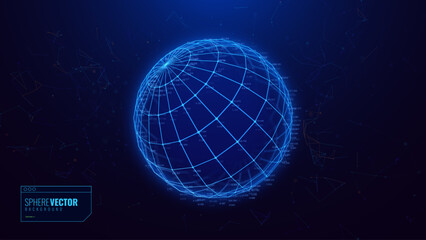 Abstract Blue 3D Tech Sphere. Global Network Connections. Cyberpunk Globe Grid HUD Design Element. Futuristic Earth Hologram. Vector Technology Sci Fi Illustration.