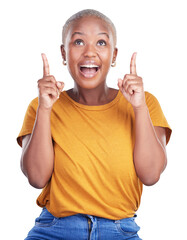 Black woman, excited for advertising and pointing up with information and presentation isolated on...