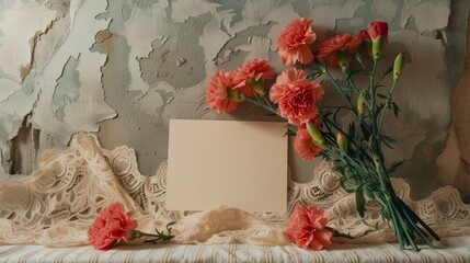 serene display of vibrant carnations against a backdrop of peeling paint