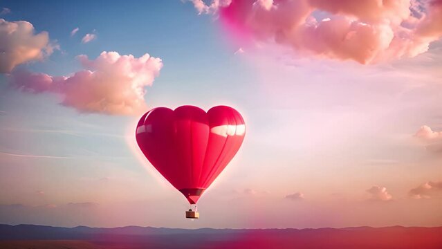 Enchanting sight of vibrant red heart-shaped balloon as it gracefully floats and dances amidst the clouds