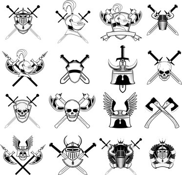 knight logo set. Skull in horned helmet, crossed axes, crossed swords, viking helmet, shield, . Logos can be easily disassembled into separate items.