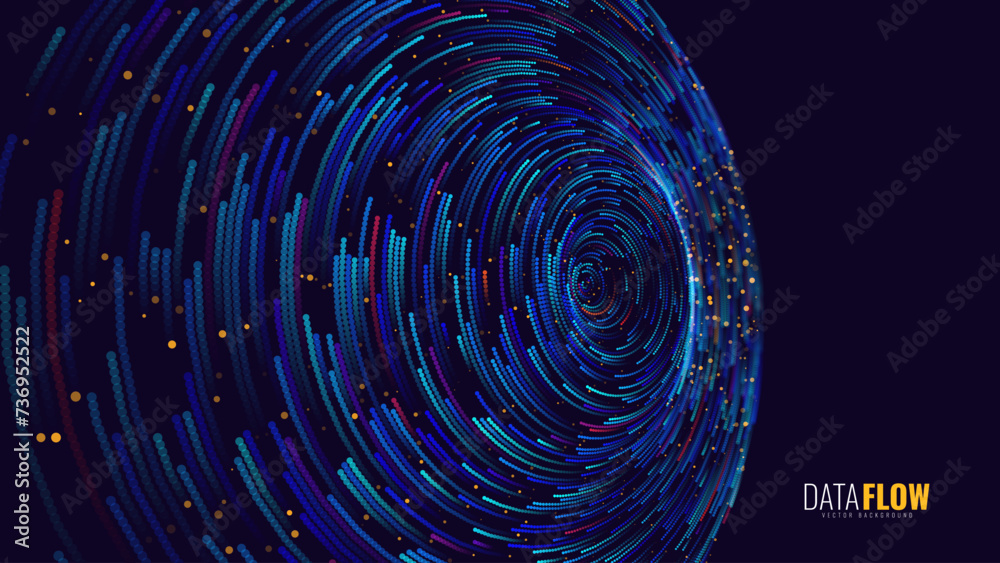 Poster Big Data Visualization. Circular Particles With Trails Vortex. Futuristic Science or Finance Infographic Design. Complex Visual Data Background. Abstract Data Flowing. Vector Illustration.