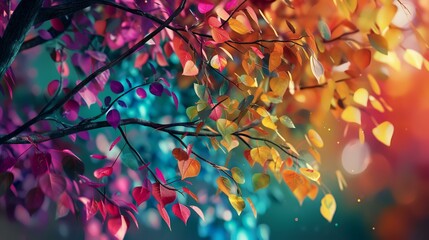 Elegant colorful tree with vibrant leaves hanging