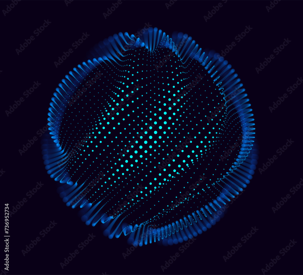 Poster Corrupted Point Sphere. Globe Grid Broken Glitched Structure. 3D Sphere Object of Blue Particles. Vector Illustration.