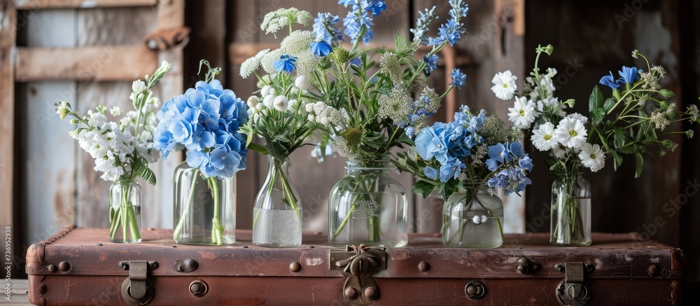 Sticker a collection of vases showcasing electric blue and white flowers are displayed on a wooden table, cr