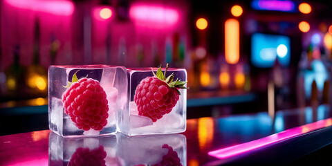 Fresh raspberries in ice cubes on bar counter with night club background. Generative Ai