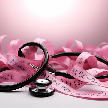 Stethoscope and pink ribbon with copy space for your text.