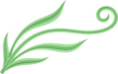 3D illustration rendering of a branch with curved leaves of different sizes on a transparent background