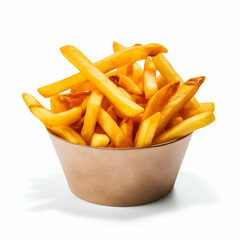 Golden French fries in a bowl isolated on white background with clipping path