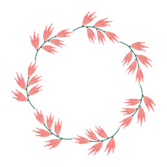 Fototapeta na wymiar Spring minimalist Wreath with copy space. Hand drawn floral frame with pink flowers. Flat summer decoration elements for invitation cards posters