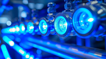 Illuminated Sight Glasses on Vibrant Blue Industrial Pipes in Manufacturing Plant Facility, Complex System for Visual Inspection of Flow and Contents, Tools for Operational Optimization and Efficiency